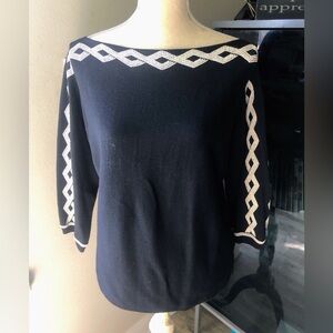 St. John Collection Santana Knit Boat Neck Sweater Top Black Navy - Medium
